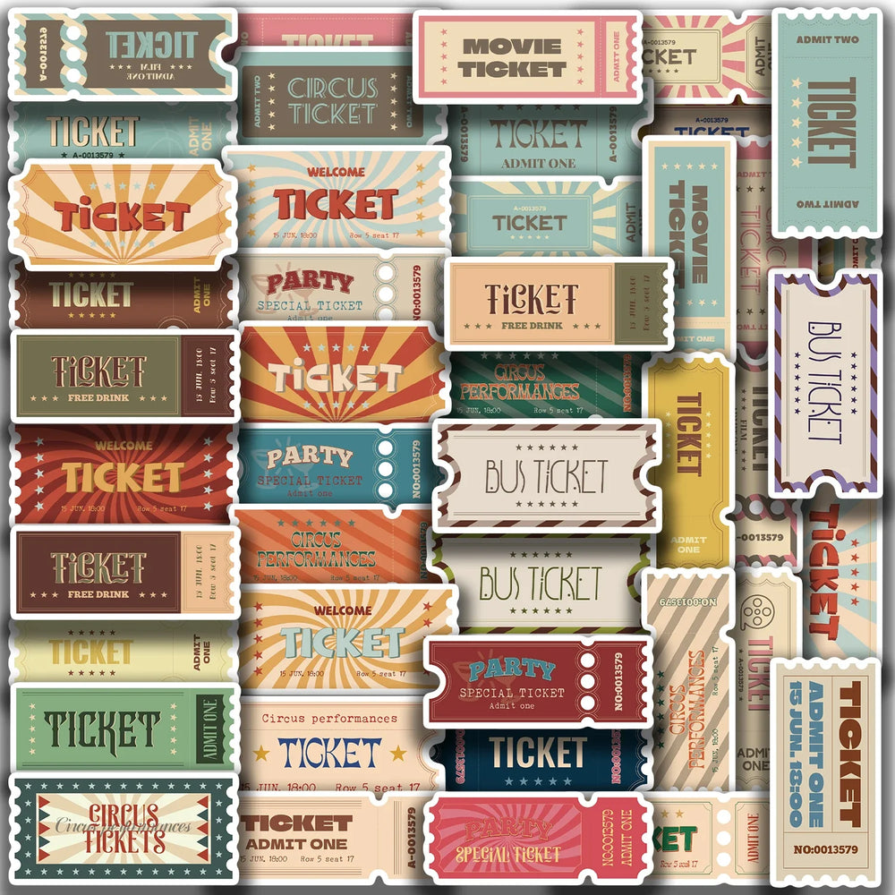 50pcs Vintage Ticket Stubs Stickers Seals for Water Bottles Laptops Skateboards Waterproof Durable Sticker for Teens and Adults (ONLINE ORDER ONLY)