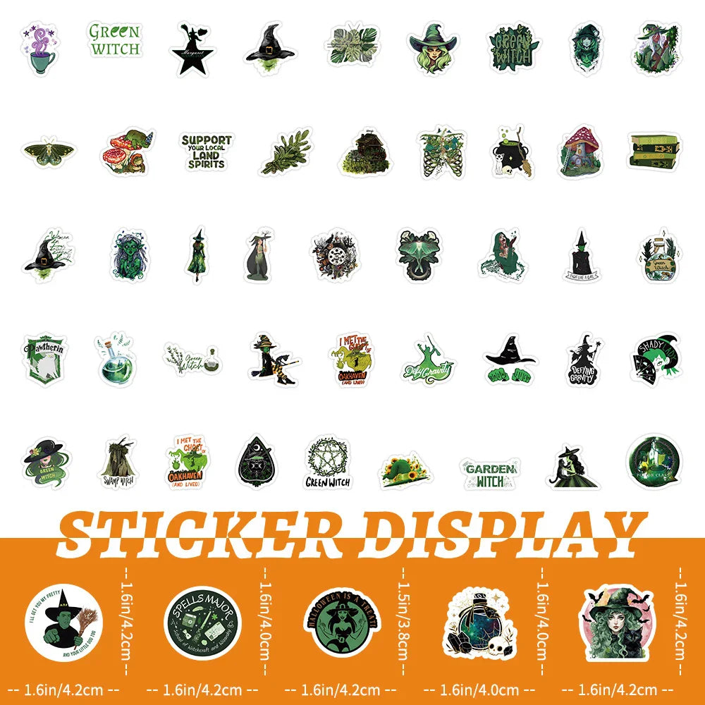 10/30/50/100pcs Cool Retro Green Magic Wizard Witch Stickers Laptop Phone Skateboard Fridge Car Gothic Retro Waterproof Sticker (ONLINE ORDER ONLY)