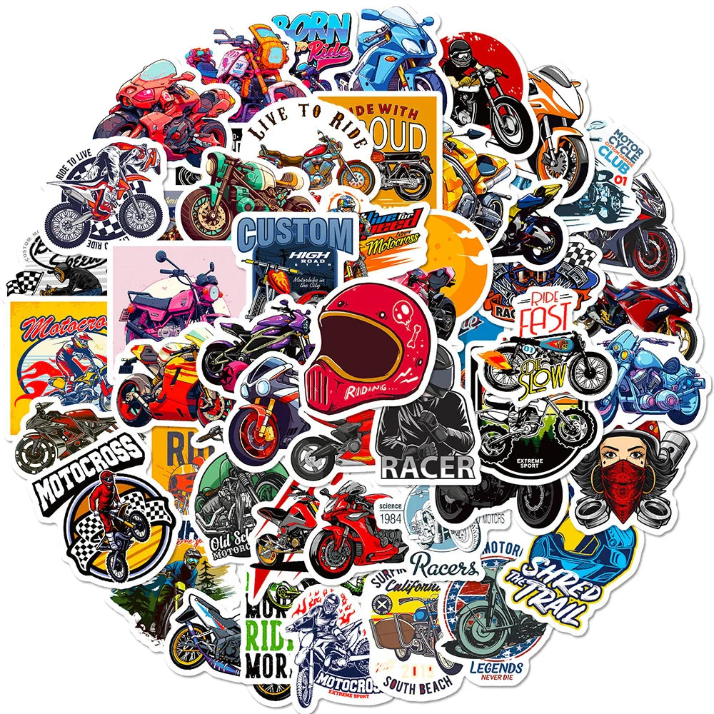 10/30/50pcs Classic Motorcycle Stickers Mountain Bike Decals Laptop Suitcase Notebook Motorcycle Cool Waterproof Sticker Toys (ONLINE ORDER ONLY)