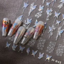 Butterfly Flower Hollow Out Lace Delicate Floral Print Shiny Cloth Block Insect Self Adhesive Nail Art Stickers Manicure Decals (Online Order Only)