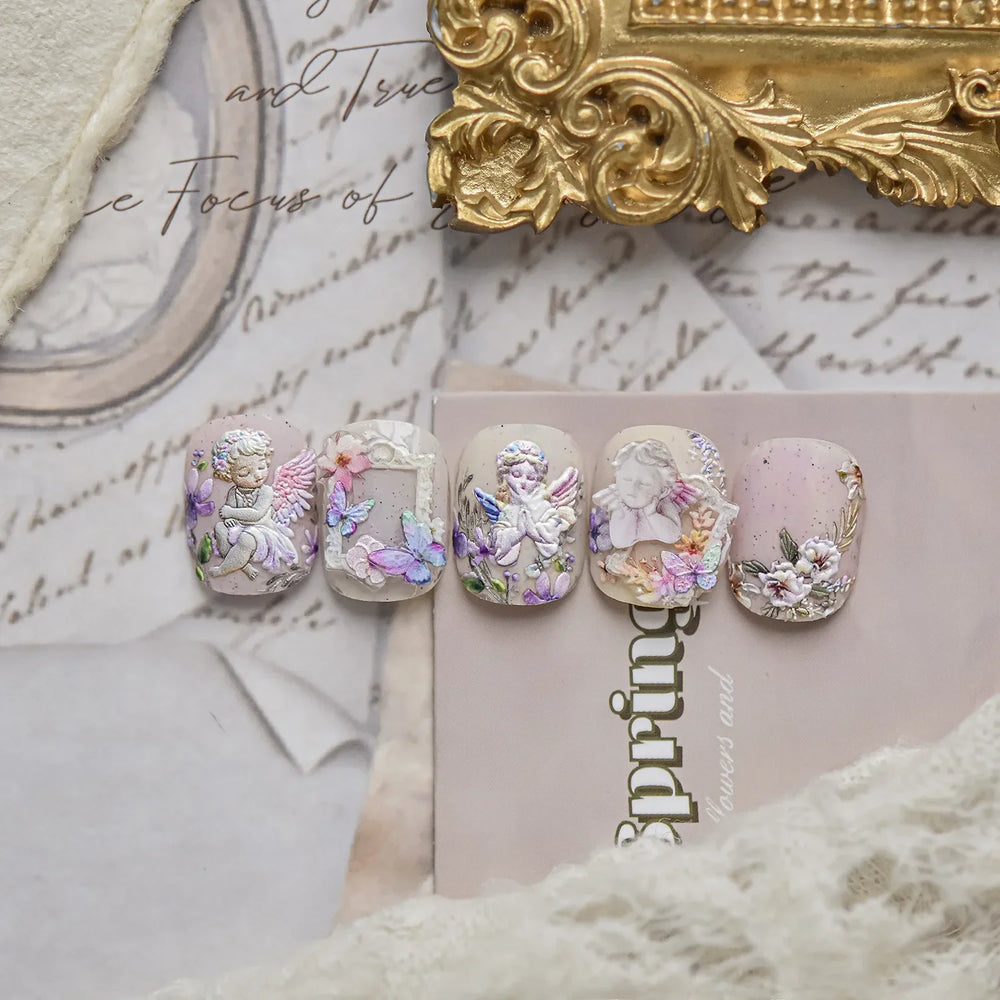 European Garden Angel Wing White Rose Flower Bed Vase Lace Bowknot Statue Adhesive Nail Art Decoration Sticker Manicure Decals (ONLINE ORDER ONLY)