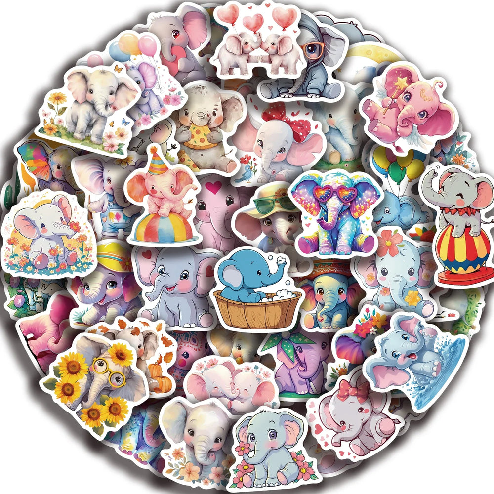 50pcs Elephant Stickers Pack Cute Animal Stickers Kawaii Stickers for Water Bottles Laptop Luggage Cartoon Waterproof Sticker (Online Order Only)