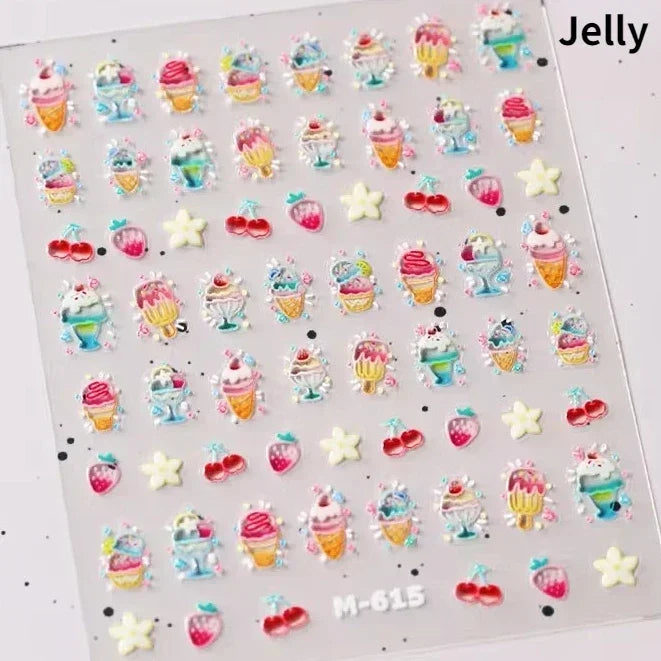 Colorful Food Pudding Alkali Water Bowknot Cream Fork Cup Bread Jelly Fruit Cartoon Cake Relief Nail Art Sticker Manicure Decals (ONLINE ORDER ONLY)
