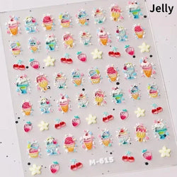 Colorful Food Pudding Alkali Water Bowknot Cream Fork Cup Bread Jelly Fruit Cartoon Cake Relief Nail Art Sticker Manicure Decals (ONLINE ORDER ONLY)