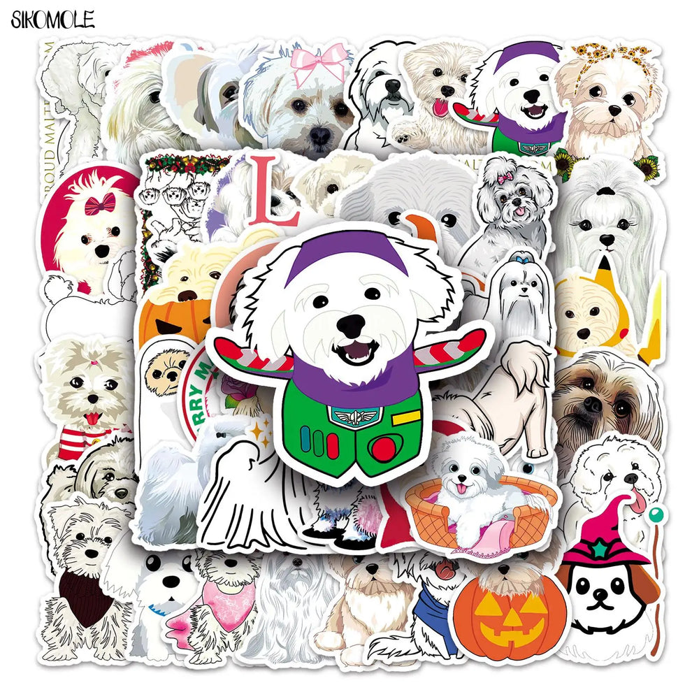 Maltese Dog Stickers Pack - Cute Cartoon Animal Decals for Car, Laptop, Suitcase, Skateboard, Guitar (ONLINE ORDER ONLY)