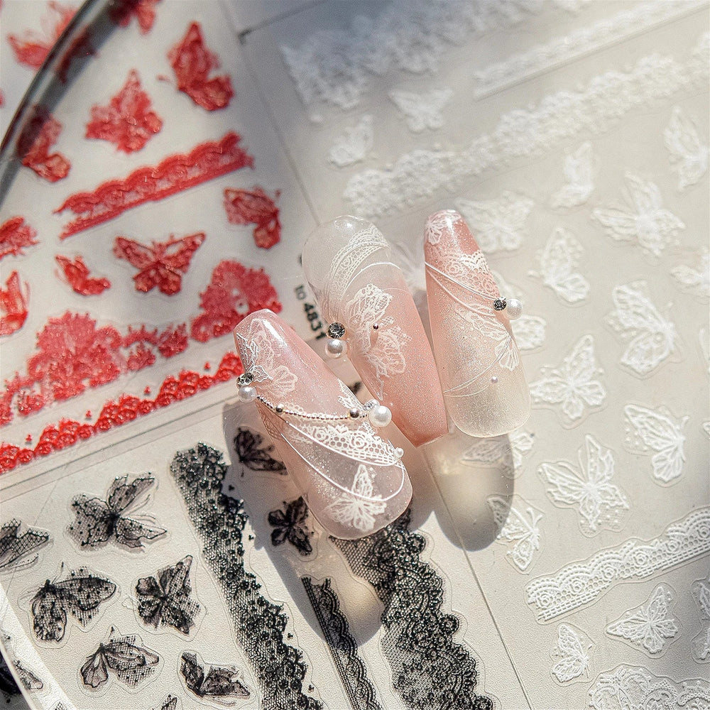 Lace Butterfly Hollow Out Fabric Romantic Flower Pattern Chic Adhesive Nail Art Sticker Rhinestone Manicure Decals Nail Supplies (ONLINE ORDER ONLY)