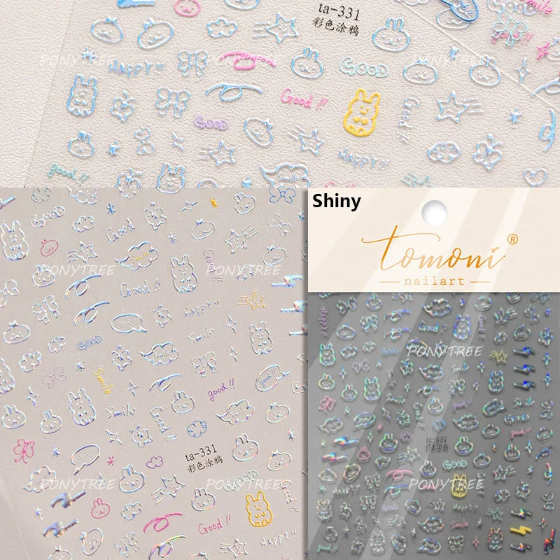 Flower Star Sun Grid Line Interesting Graffiti Tulip Cherry Apple Fruit Dot Painting Adhesive Nail Art Stickers Manicure Decals (ONLINE ORDER ONLY)