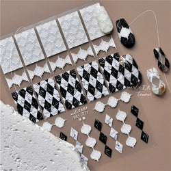 French Style Geometric Black White Square Grid Rhombus Stripe 3D Self Adhesive Nail Art Stickers Shiny Rhinestone Manicure Decal (ONLINE ORDER ONLY)
