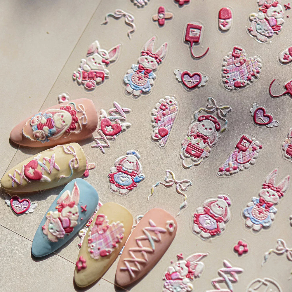 Cream Wind Cat Rabbit Kitten Bunny Bowknot Flower Butterfly Cake Cherry Tulip 5D Self Adhesive Nail Art Stickers Manicure Decals (Online Order Only)