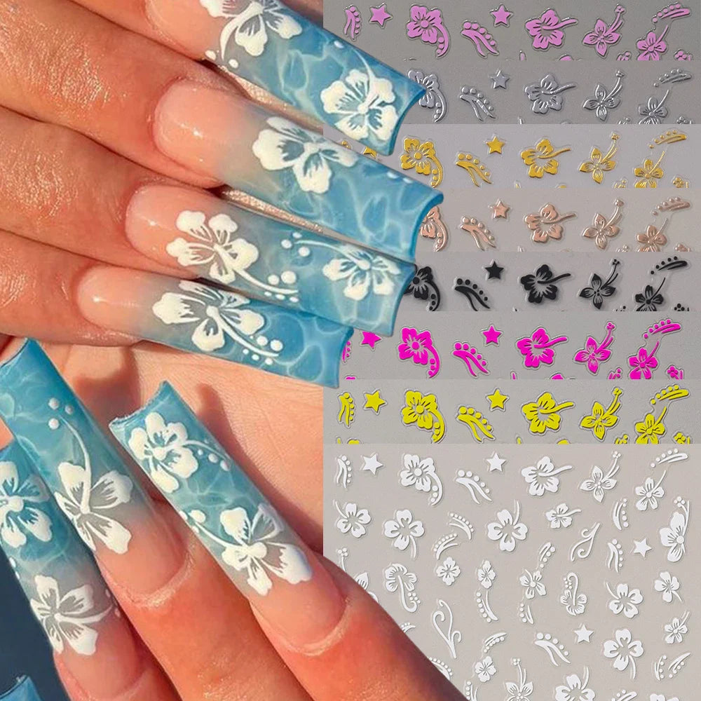5/8Pcs 3D Hawaiian Flowers Nail Art Stickers Summer Decors with Tropical Leaves Slider Vibrant Pink & White Flowers for Parties* (ONLINE ORDER ONLY)