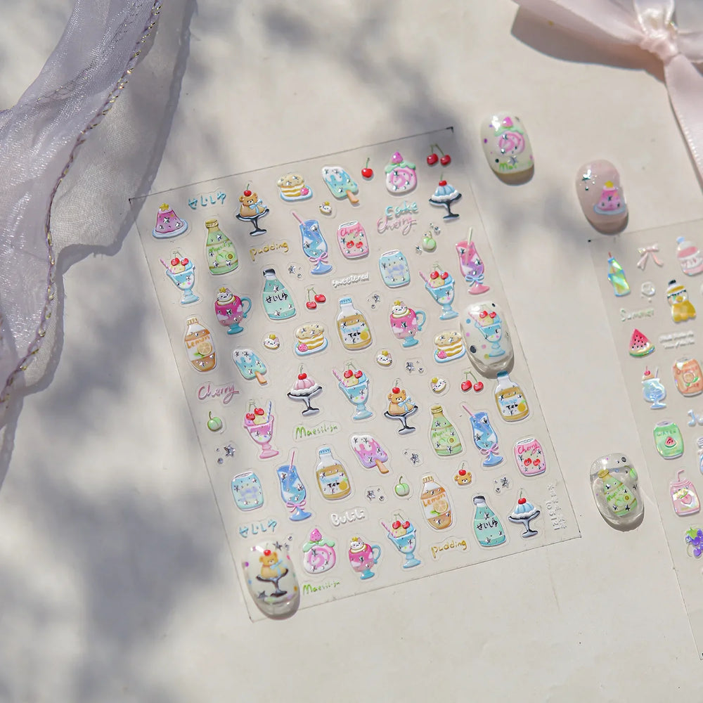 Soda Fruit Beverage Bottle Bear Watermelon Popsicle Dessert Ice Cream Cat Cherry Strawberry Bow Summer Nail Art Stickers Decals (ONLINE ORDER ONLY)