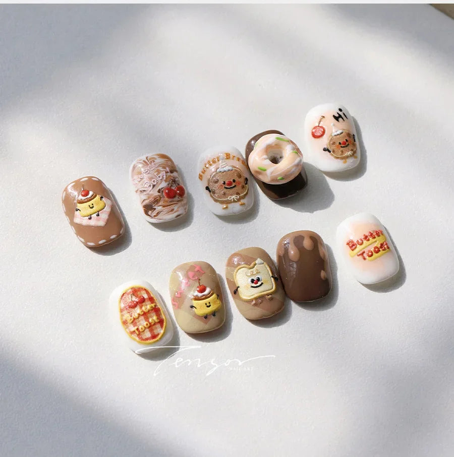 Toast Butter Brioche Bread Dim Sum Cookie Cherry Pudding Food Fork Doughnut Relief Adhesive Nail Art Stickers Manicure Decals (ONLINE ORDER ONLY)
