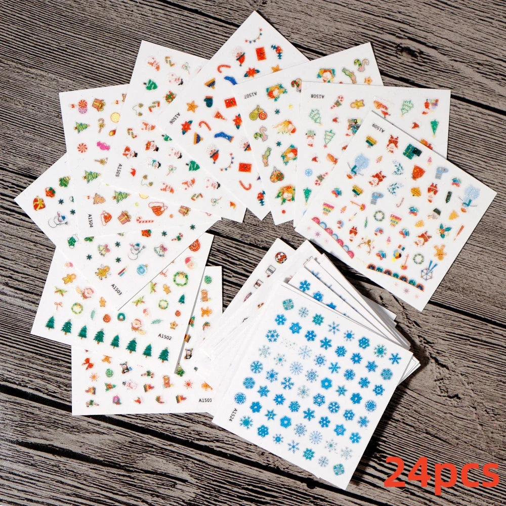 12pcs Cute Christmas Nail Decals Santa Claus Elk Penguin Snowman Cartoon Nail Stickers 3D Self-adhesive Sliders Manicure Decor * (Online Order Only)