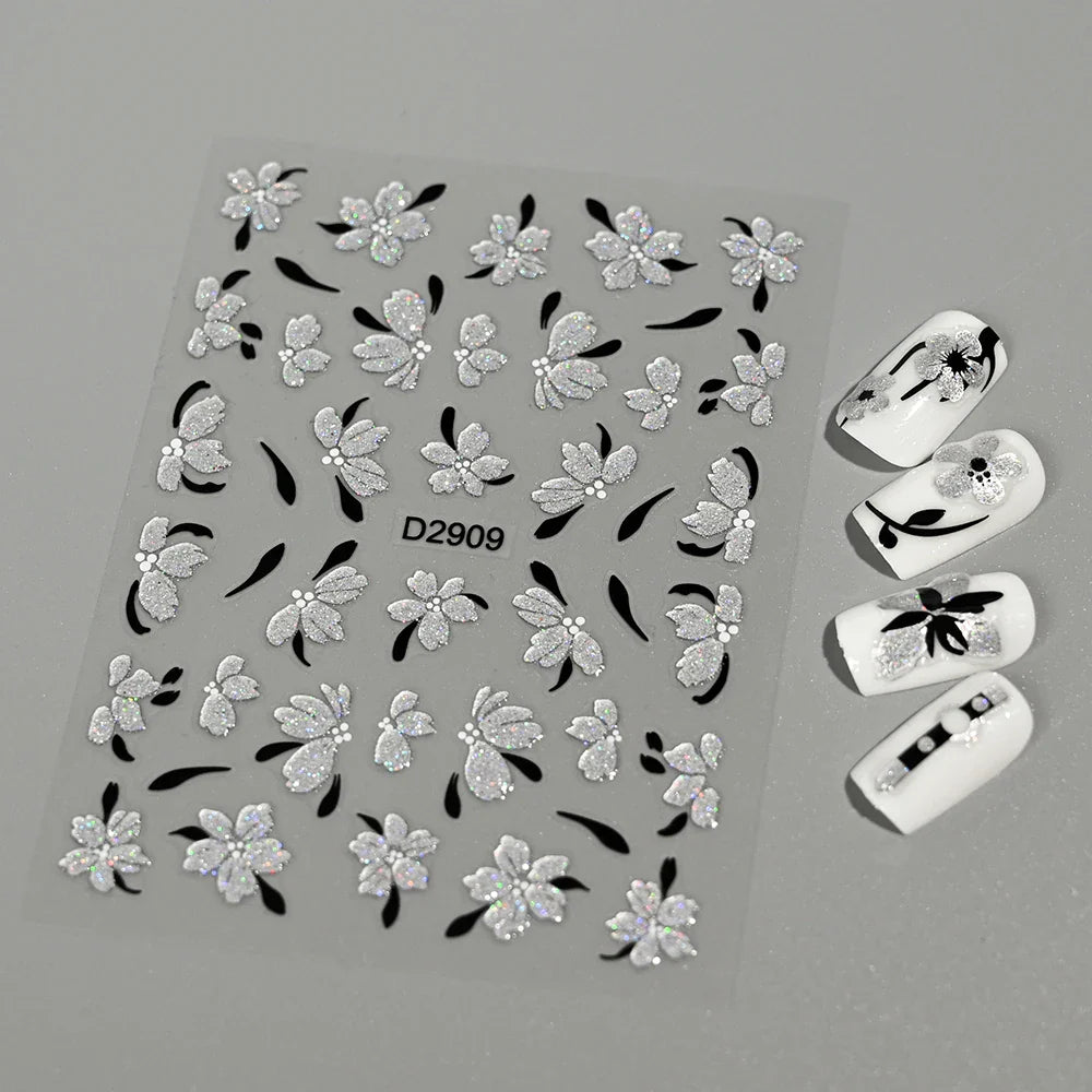 1pcs 5D Floral Nail Art Stickers Acrylic Flowers Decals with Glitter Self-Adhesive Elegant Silver Black Blossoms Theme Nail Art* (ONLINE ORDER ONLY)