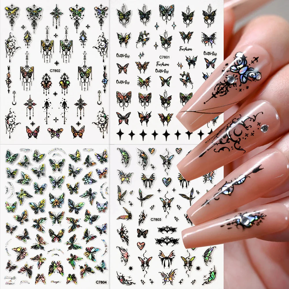 1pcs Butterfly Floral Nail Art Stickers Magic Shell Light Laser Black/White Nail Decoration Butterfly Slider Manicure Ornaments* (Online Order Only)
