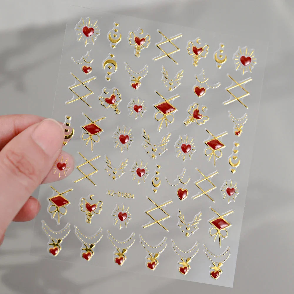 1pc Bohemian Valentine Nail Stickers 3D Self-Adhesive Fantasy Nail Art Glitter Sun, Heart, Lock, Star & Moon Designs Nail Decals (ONLINE ORDER ONLY)
