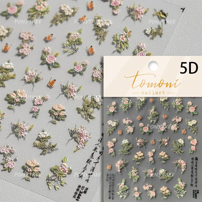 Rose Flower Bouquet Leaves Lace Bowknot Pearl Photo Frame Gird Embossed Reliefs Self Adhesive Nail Art Stickers Manicure Decals (ONLINE ORDER ONLY)