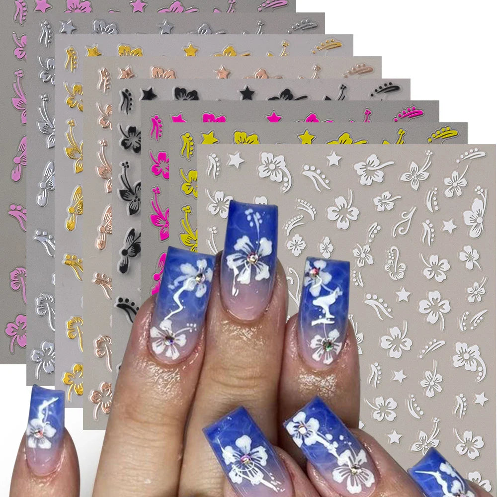 5/8Pcs 3D Hawaiian Flowers Nail Art Stickers Summer Decors with Tropical Leaves Slider Vibrant Pink & White Flowers for Parties* (ONLINE ORDER ONLY)