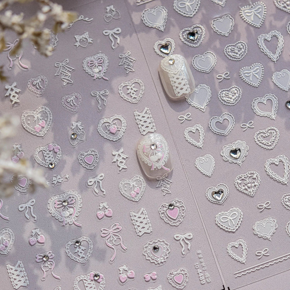 Lovely Heart Strawberry Cherry Bowknot Lace Lolita Crystal Rhinestone Line Rococo Chic Adhesive Nail Art Sticker Manicure Decals (ONLINE ORDER ONLY)