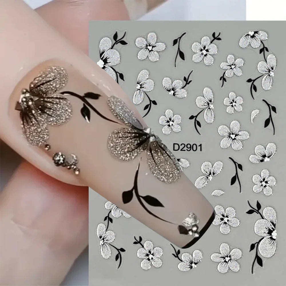 1pcs 5D Floral Nail Art Stickers Acrylic Flowers Decals with Glitter Self-Adhesive Elegant Silver Black Blossoms Theme Nail Art* (ONLINE ORDER ONLY)