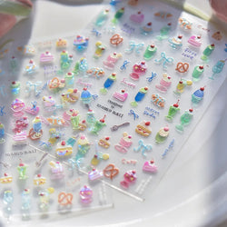 Colorful Food Pudding Alkali Water Bowknot Cream Fork Cup Bread Jelly Fruit Cartoon Cake Relief Nail Art Sticker Manicure Decals (ONLINE ORDER ONLY)