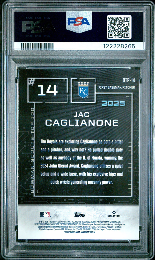 Graded 2025 Topps Bowman Jac Caglianone #BTP14 Scouts Top 100 Rookie RC Baseball Card PSA 8 Near Mint (ONLINE ORDER ONLY)