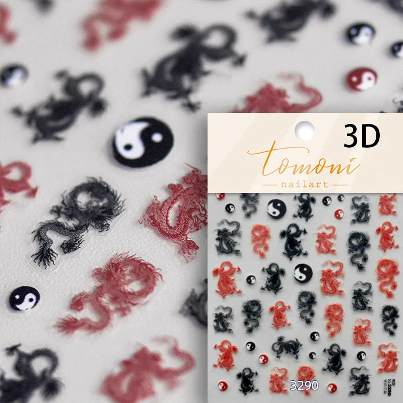 Retro Embroidered Dragon Red Pink Blue White Porcelain Chinese 3D Embossed Relief Self Adhesive Nail Art Stickers Manicure Decal (ONLINE ORDER ONLY)