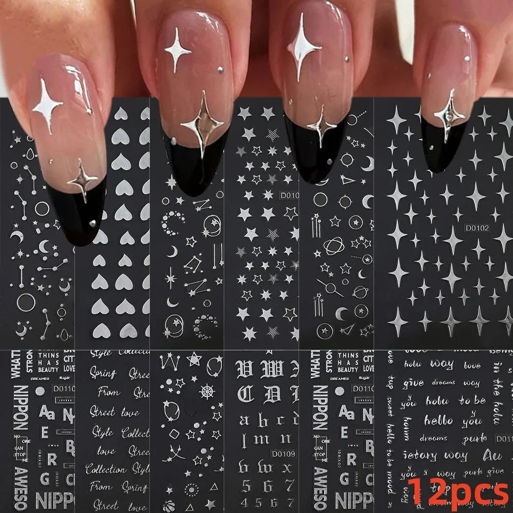 12PCS White Flowers Leaves 3D Nail Stickers Star/Moon/Sun Nail Art Decoration Decals Geometric Flower Stickers Nail Art Supplies (ONLINE ORDER ONLY)