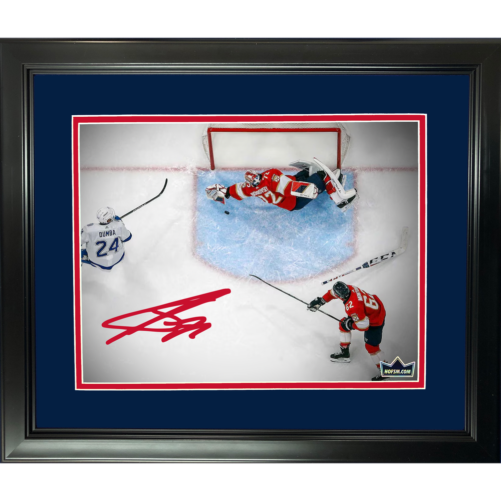 Framed Sergei Bobrovsky Playoff Save Florida Panthers Facsimile Laser Engraved Signature Auto 11"x14" Hockey Photo HOFSM Holo (ONLINE ORDER ONLY)