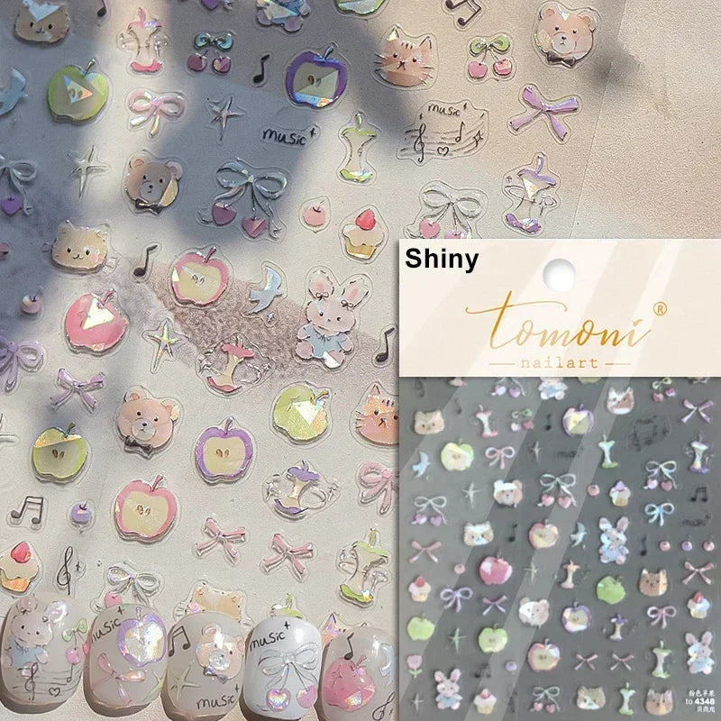 Colorful Food Pudding Alkali Water Bowknot Cream Fork Cup Bread Jelly Fruit Cartoon Cake Relief Nail Art Sticker Manicure Decals (ONLINE ORDER ONLY)
