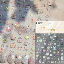 Colorful Food Pudding Alkali Water Bowknot Cream Fork Cup Bread Jelly Fruit Cartoon Cake Relief Nail Art Sticker Manicure Decals (ONLINE ORDER ONLY)