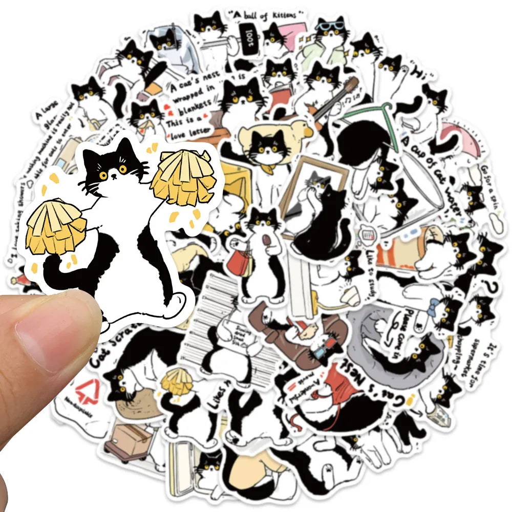 50pcs Funny Cute Cartoon Animal Pet Tuxedo Cat Stickers Water Bottle Stickers Luggage Laptop Guitar Skateboard Vinyl Decals (Online Order Only)
