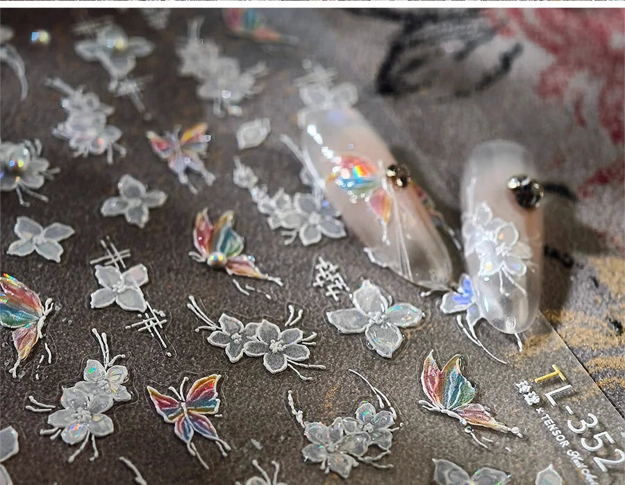 White Flower Colourful Butterfly Pearl Petal Beautiful Garden Charming Plant 5D Self Adhesive Nail Art Stickers Manicure Decals (ONLINE ORDER ONLY)