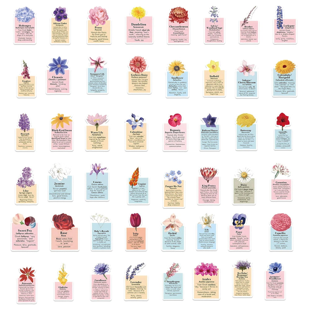 50pcs Ins Style Flower Language Stickers For Skateboard Notebook Laptop Phone Bike Wall Sticker Toys Aesthetic DIY Decoration (ONLINE ORDER ONLY)
