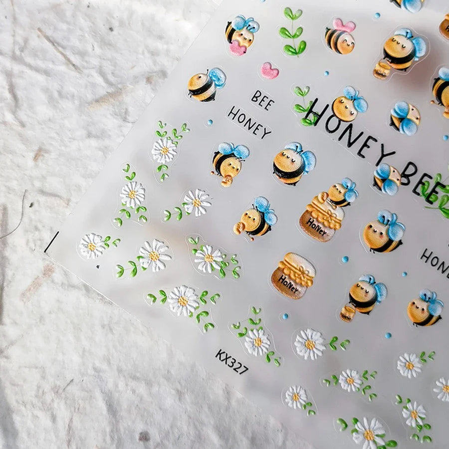 Cute Bee Honey Jar Daisy Flowers Gather Honey Pot Love Heart Green Leaves Reliefs Self Adhesive Nail Art Stickers Manicure Decal (ONLINE ORDER ONLY)