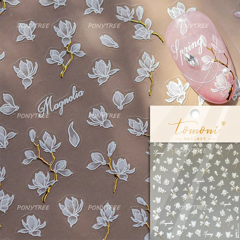 White Flower Colourful Butterfly Pearl Petal Beautiful Garden Charming Plant 5D Self Adhesive Nail Art Stickers Manicure Decals (ONLINE ORDER ONLY)