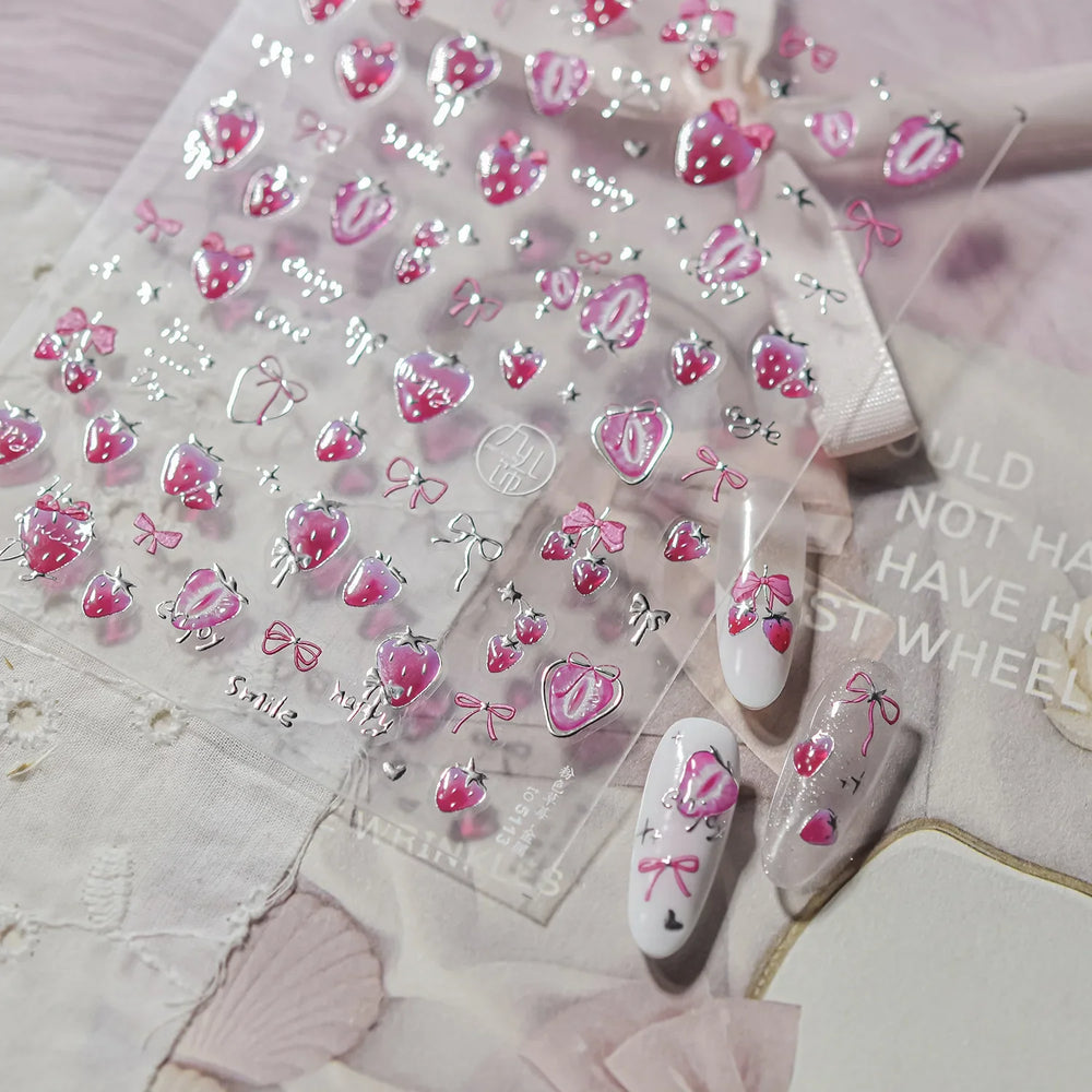 Pink Juicy Strawberry Fruit Cutting Line Ribbon Bowknot Star Happy Sweet Lovely Fruits Delicate Nail Art Stickers Manicure Decal (ONLINE ORDER ONLY)