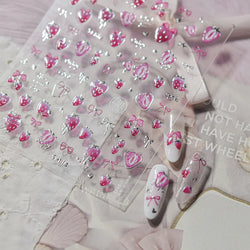 Cute Pink Tempting Strawberries Attractive Fruit Cutting Line Bowknot Star Silver Stamping Chic Nail Art Stickers Manicure Decal (ONLINE ORDER ONLY)