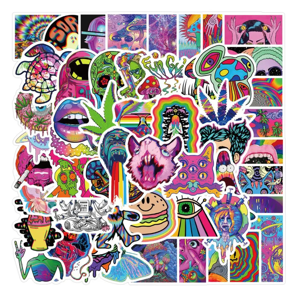 52PCS Cartoon Colorful Psychedelic Trippy Stickers Aesthetics Laptop Guitar Luggage Phone Graffiti Sticker Decal Kid Toy (Online Order Only)