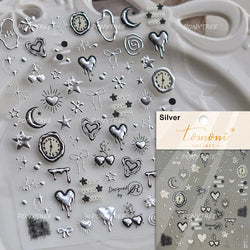 Silver Star Moon Clock Watch Cherry Love Heart Bowknot Gird Irregular Lines Dot Liquid Lava Nail Art Stickers Manicure Decals (ONLINE ORDER ONLY)