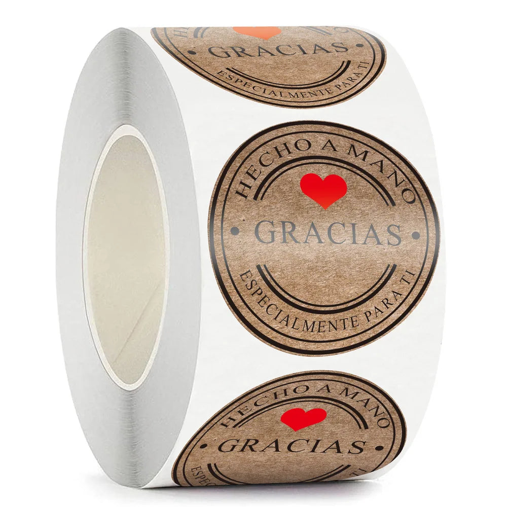50-500pc 1inch Round Natural Kraft Gracias Handmade Heart Thank You Stickers For Gift Baking Package Adhesive Sticker Seal Label (ONLINE ORDER ONLY)