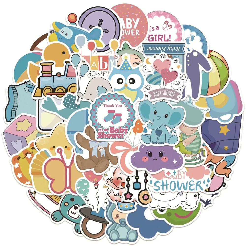 Cartoon Baby Shower Stickers 10/30/50Pcs for Laptop, Snowboard, Luggage, Car, Fridge, DIY Vinyl (ONLINE ORDER ONLY)