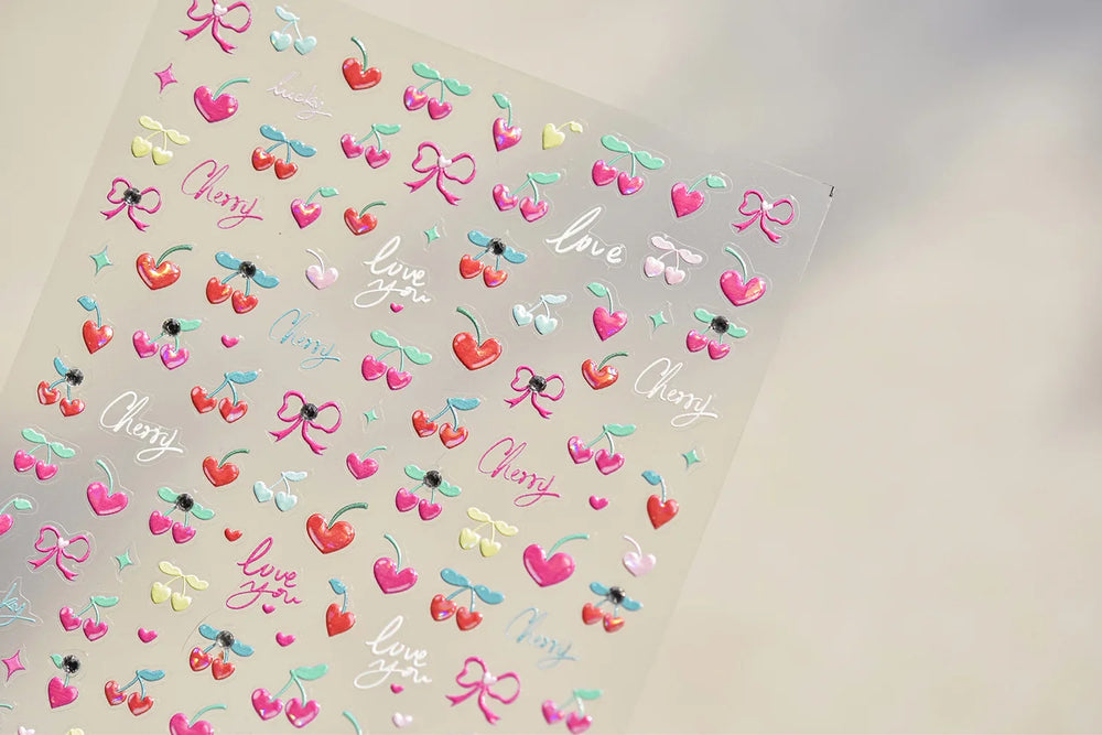 Lovely Pink Red Cherry Fruit Love Heart Star Lucky Letter Bowknot Romantic Adhesive Nail Art Stickers Rhinestone Manicure Decals (Online Order Only)