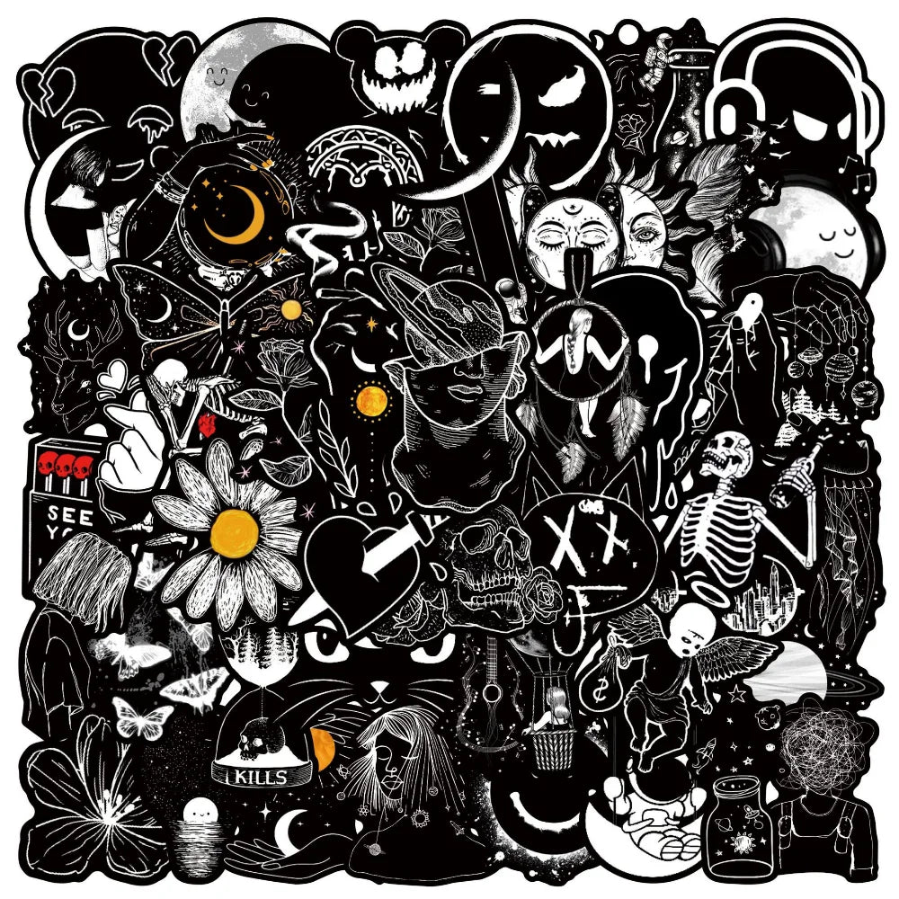 10/50Pcs Black White Gothic Terror Horror Skull Stickers for Laptop Computer Luggage Phone Notebook Vinyl Decal Waterproof (Online Order Only)