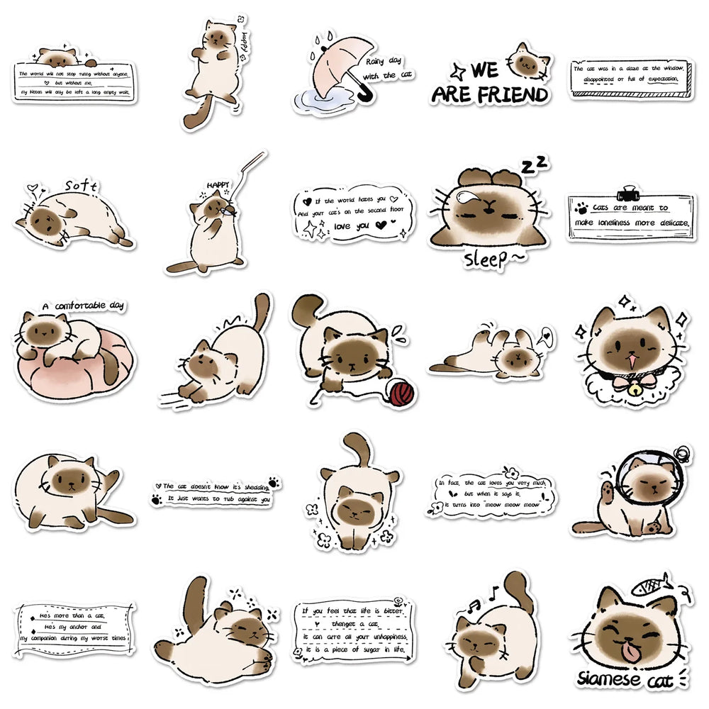 10/30/50PCS Siamese Cat Stickers Cute Cat Graffiti Animal Cartoon Sticker Fridge Luggage Laptop Phone Guitar Car Bike Decals Toy (Online Order Only)