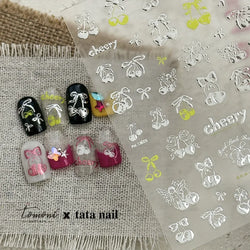 Colourful Cherry Abundant Fruits Bowknot Shiny White Line Outline Self Adhesive Nail Art Stickers Chic Rhinestone Manicure Decal (ONLINE ORDER ONLY)