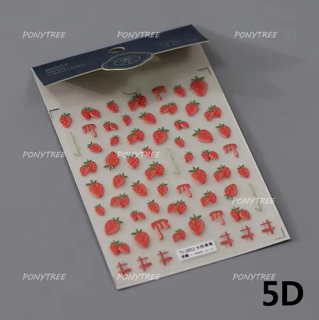 Cute Pink Tempting Strawberries Attractive Fruit Cutting Line Bowknot Star Silver Stamping Chic Nail Art Stickers Manicure Decal (ONLINE ORDER ONLY)