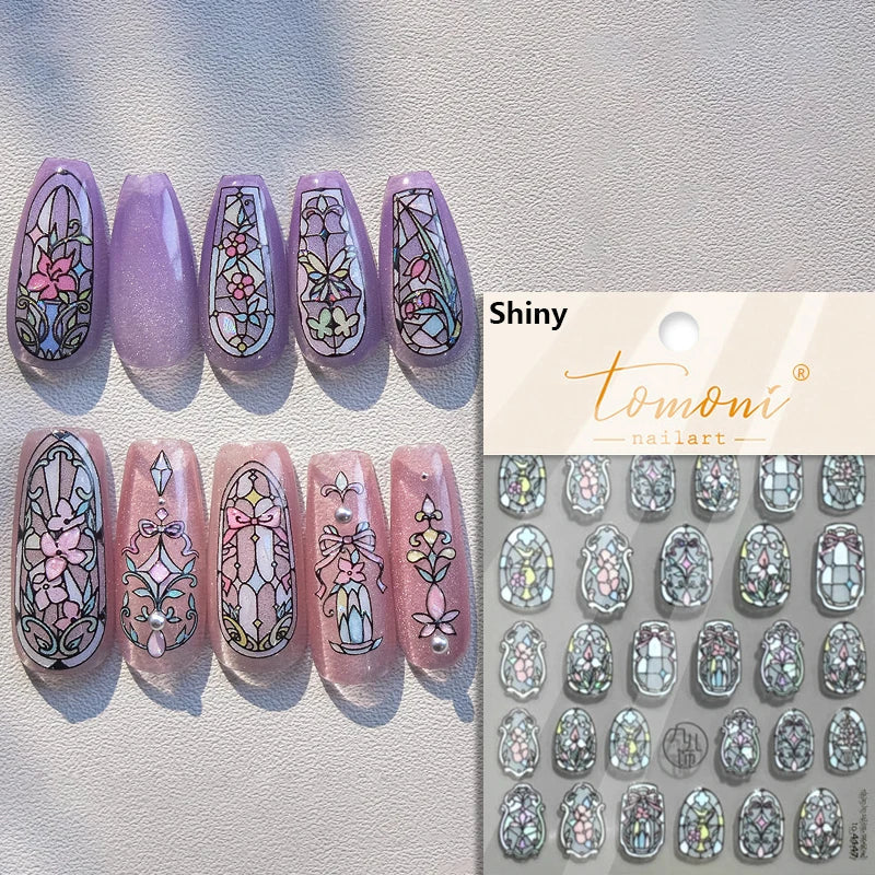 Retro Shiny Glazed Rococo Flower Window Dreamy Butterfly Geometric Frame Stamp Embossed Reliefs Nail Art Stickers Manicure Decal (Online Order Only)