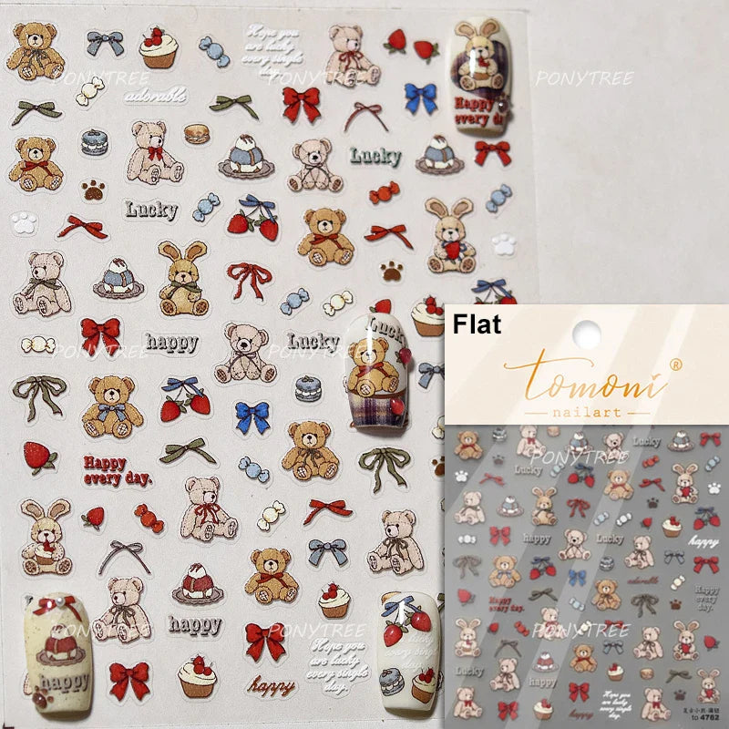 Charm Retro Bear Candy Cake Bowknot Rabbit Bunny Strawberry Footprint Muffin 3D Adhesive Nail Art Stickers Chic Manicure Decals (ONLINE ORDER ONLY)