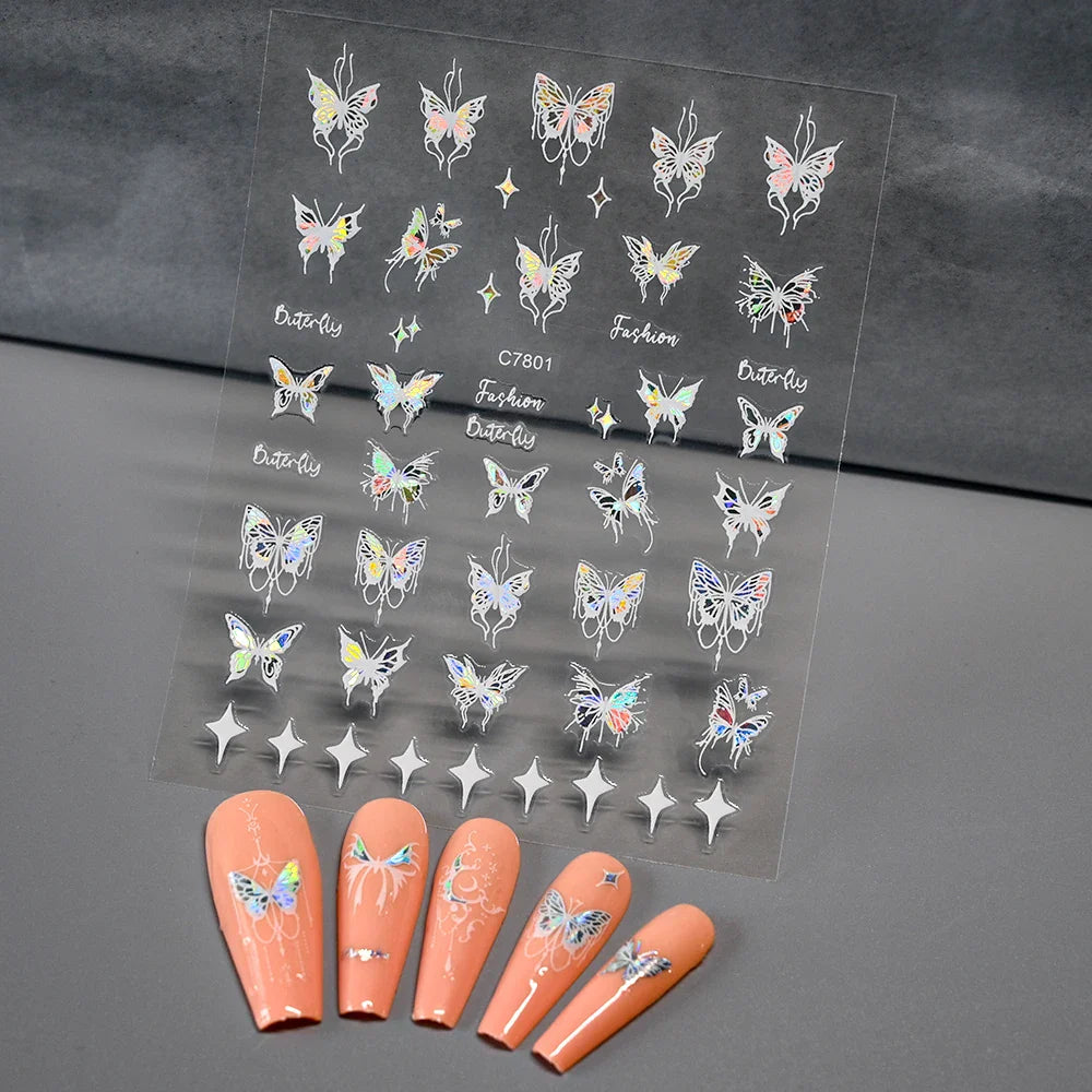 1pcs Butterfly Floral Nail Art Stickers Magic Shell Light Laser Black/White Nail Decoration Butterfly Slider Manicure Ornaments* (Online Order Only)